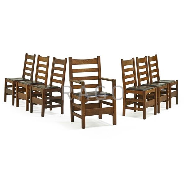 Appraisal: GUSTAV STICKLEY Seven ladderback chairs Condition Report Mostly good original