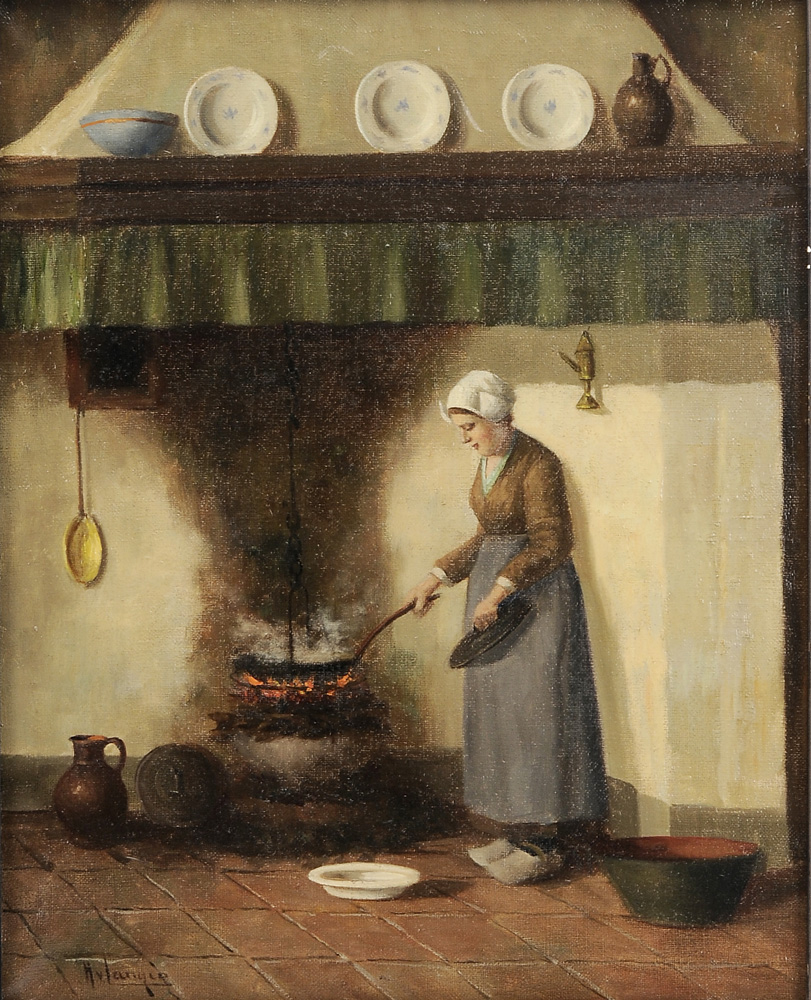 Appraisal: Hendrikus van Langen Dutch - Woman Cooking at a Hearth