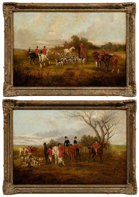 Appraisal: Pair paintings style of Laporte fox hunting scenes quot Eager