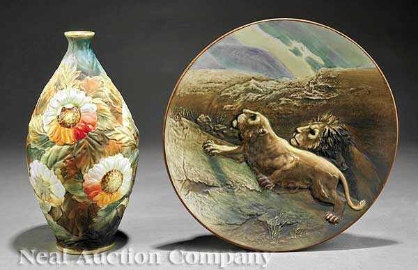 Appraisal: A Japanese Nippon Relief-Decorated Plate and Vase the plate molded