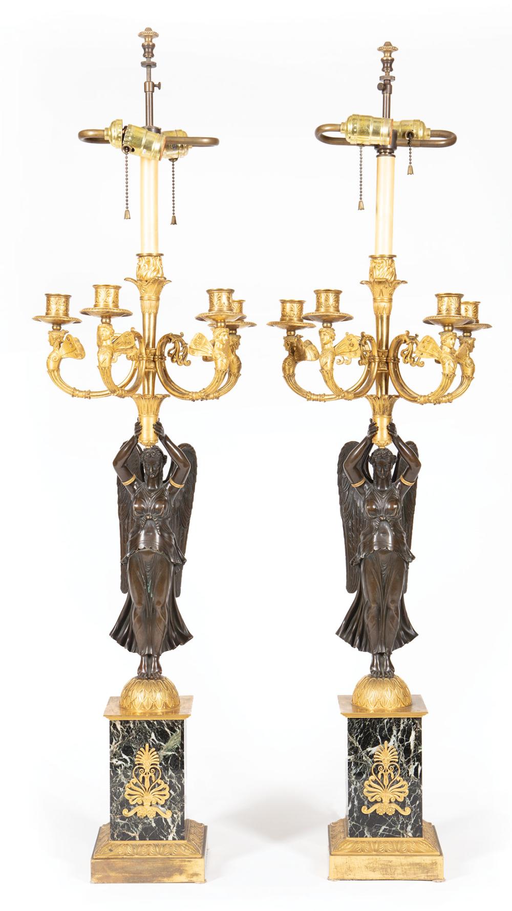 Appraisal: Pair of Empire Gilt and Patinated Bronze Five-Light Candelabra th