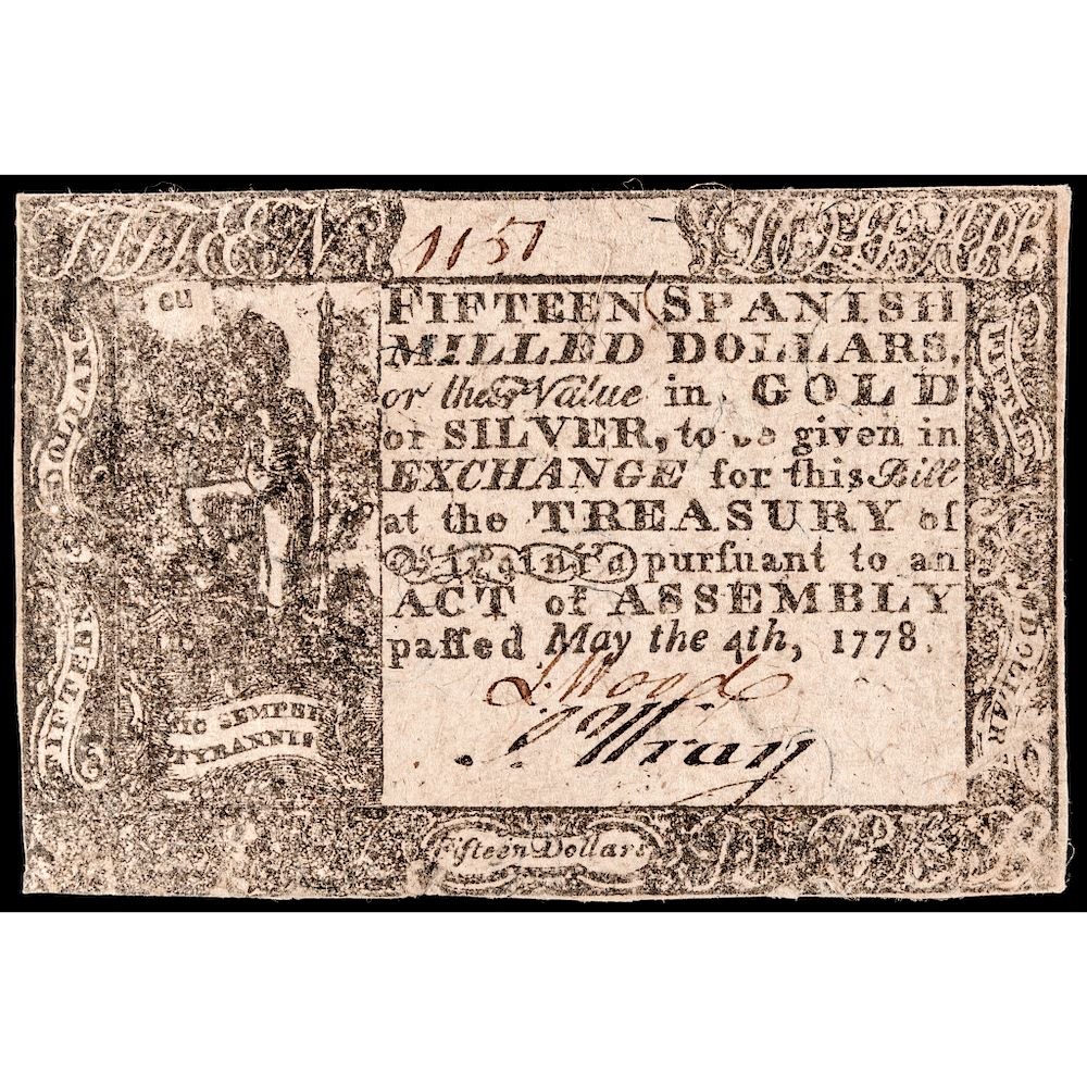 Appraisal: Colonial Currency Virginia May Dollars Printed Date Choice EF Virginia