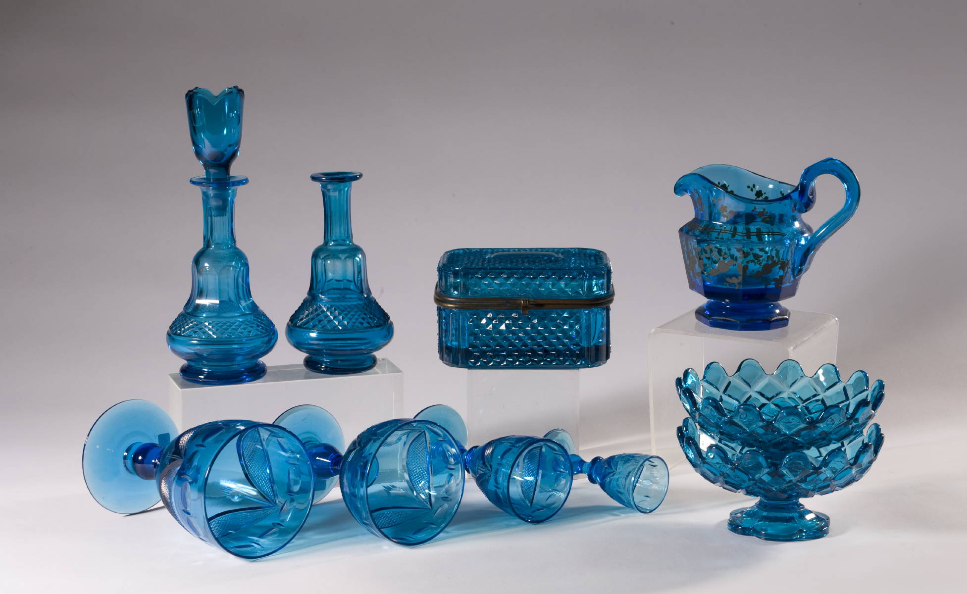 Appraisal: TEN ENGLISH BLUE-GREEN GLASS TABLE OBJECTS Height of tallest inches