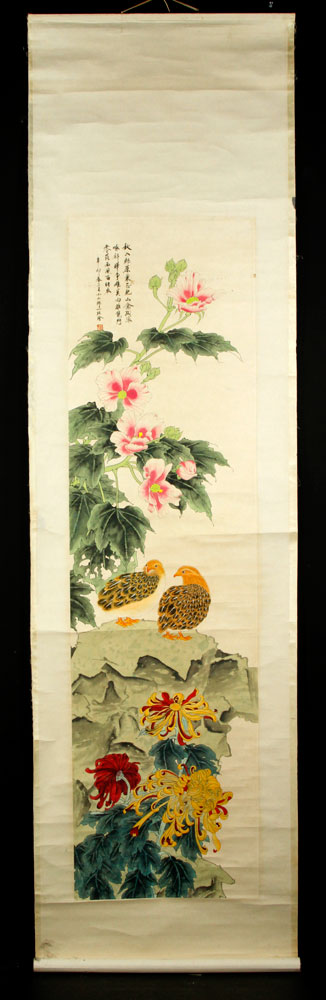 Appraisal: - Chinese Scroll Painting Chinese scroll painting depicting lotus flowers