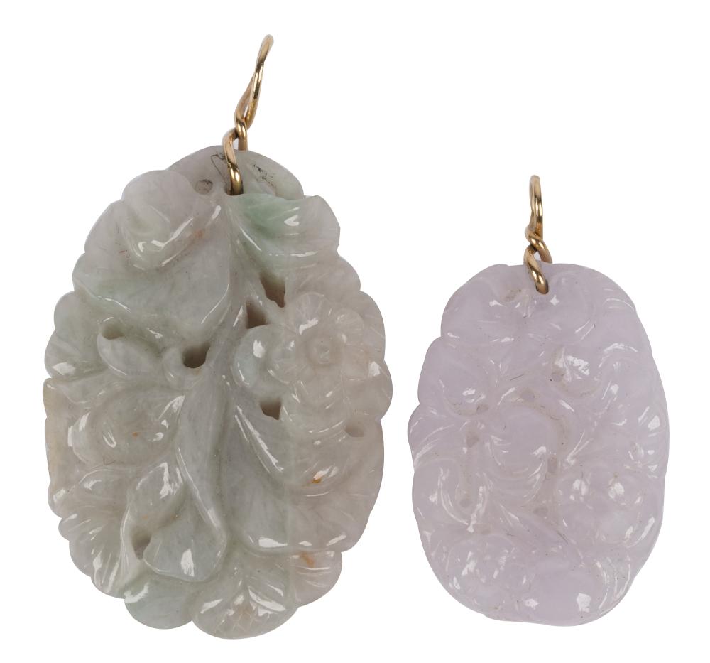 Appraisal: TWO KARAT YELLOW GOLD JADE PENDANTSone lavender jade pendant measuring