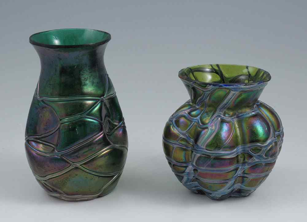 Appraisal: ART GLASS VASES Loetz Formosa type green design Melon ribbed