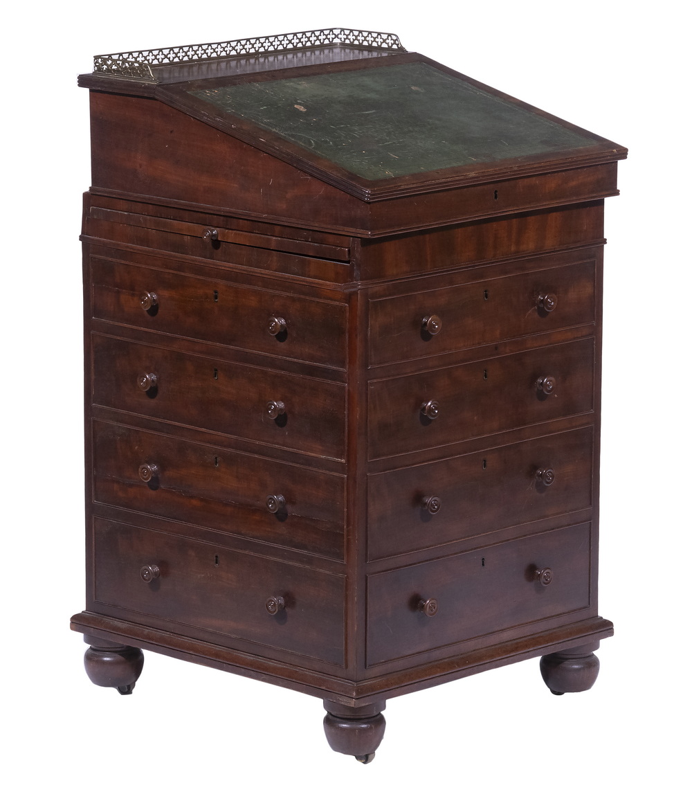 Appraisal: MAHOGANY DAVENPORT DESK Mid- th c Desk with pierced brass