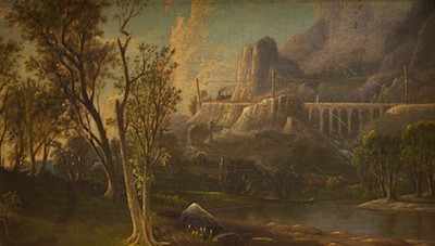 Appraisal: Landscape with Railroad Painting Signed Wall Mountain landscape with railroad