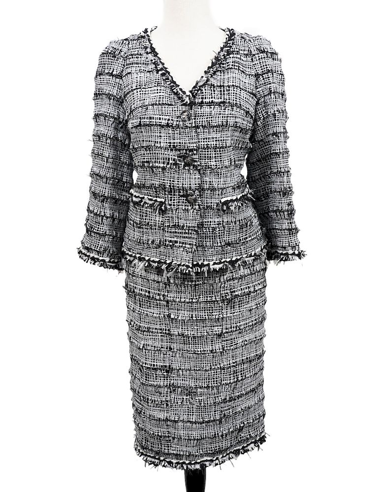 Appraisal: Chanel Black White Tweed Fringe Suit Sz Chanel Black White