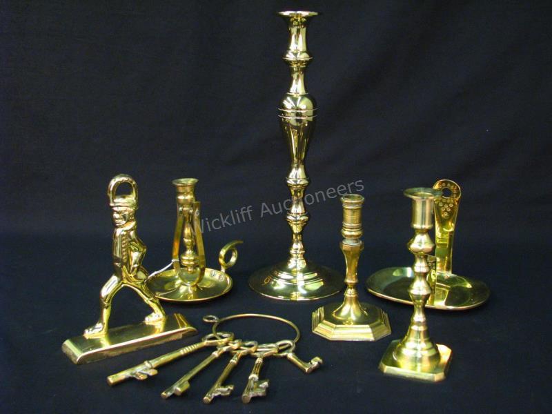 Appraisal: Group of Brass Accessories large Baldwin candlestick tall three candlesticks