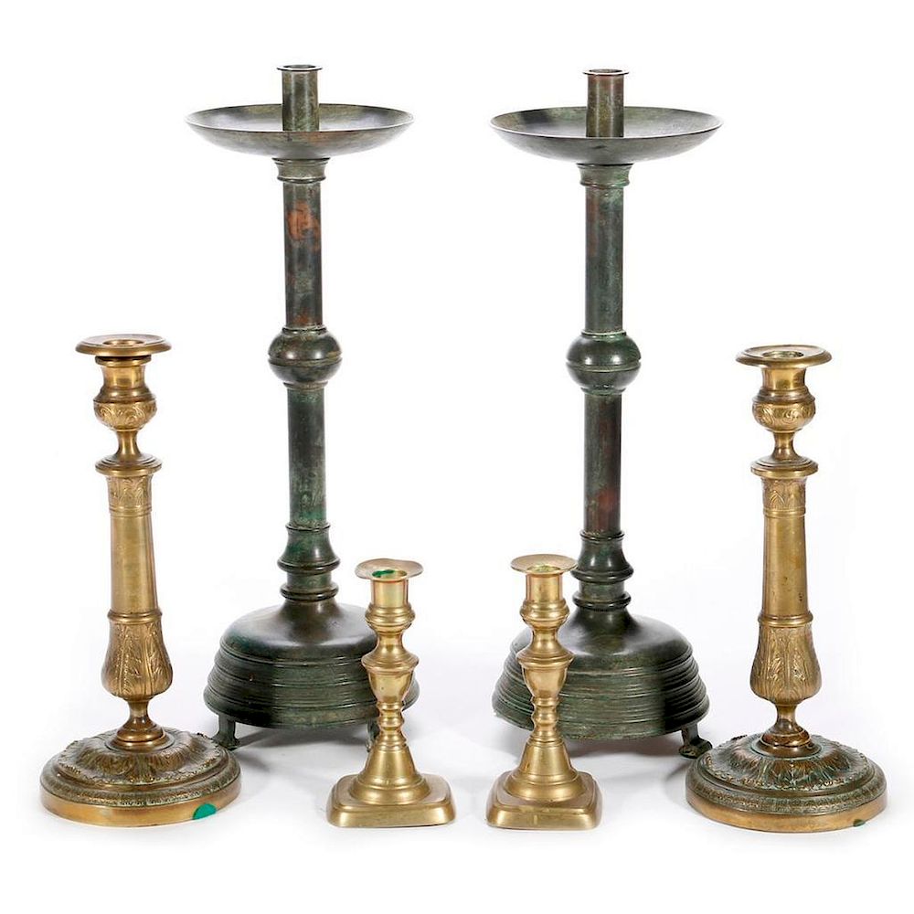 Appraisal: Three pair of candlesticks A th century pair of bronze