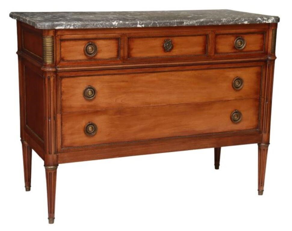 Appraisal: French Louis XVI style mahogany commode th c shaped marble