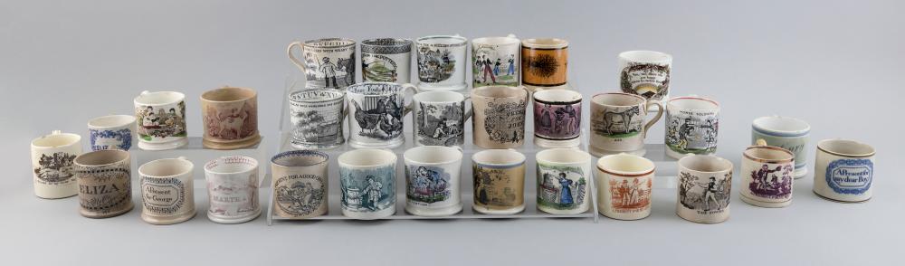 Appraisal: THIRTY ENGLISH POTTERY CHILD'S MUGS th Century Various transfer decoration