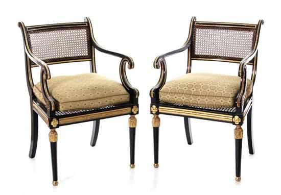 Appraisal: Pair Regency painted giltwood fauteuils th century rectangular molded crest