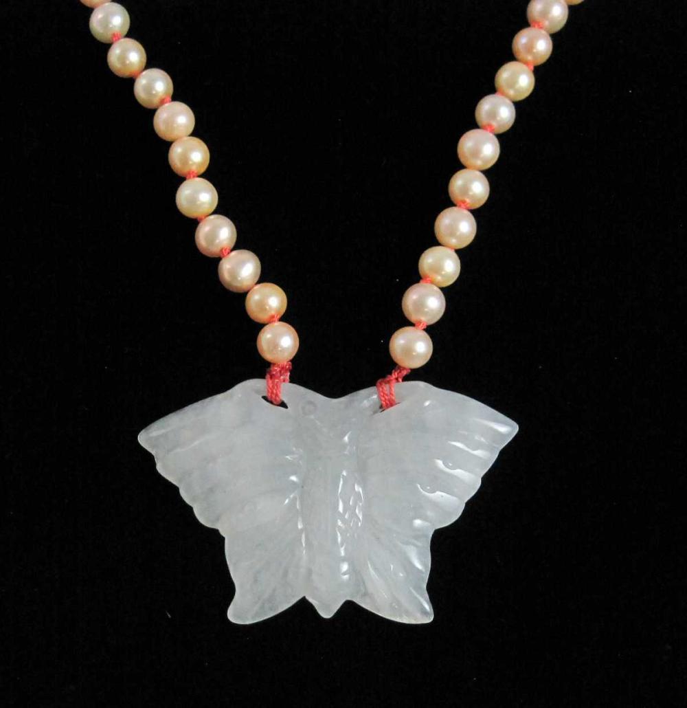 Appraisal: PEARL AND WHITE JADE HAND-KNOTTED NECKLACE - in length strung