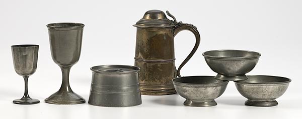 Appraisal: GOBLETS INKWELL TANKARD AND BOWLS IN PEWTER English and Continental