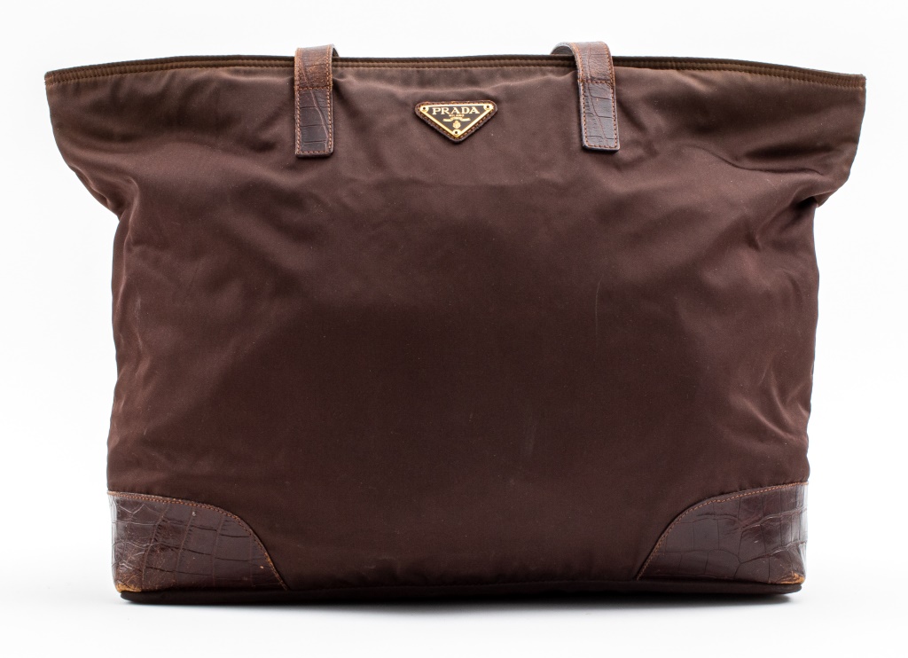 Appraisal: PRADA BROWN NYLON WITH LEATHER PRINTED HANDBAG Prada brown nylon