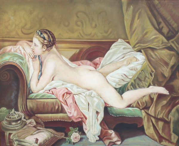 Appraisal: Classical style nude female figure reclining on settee oil on