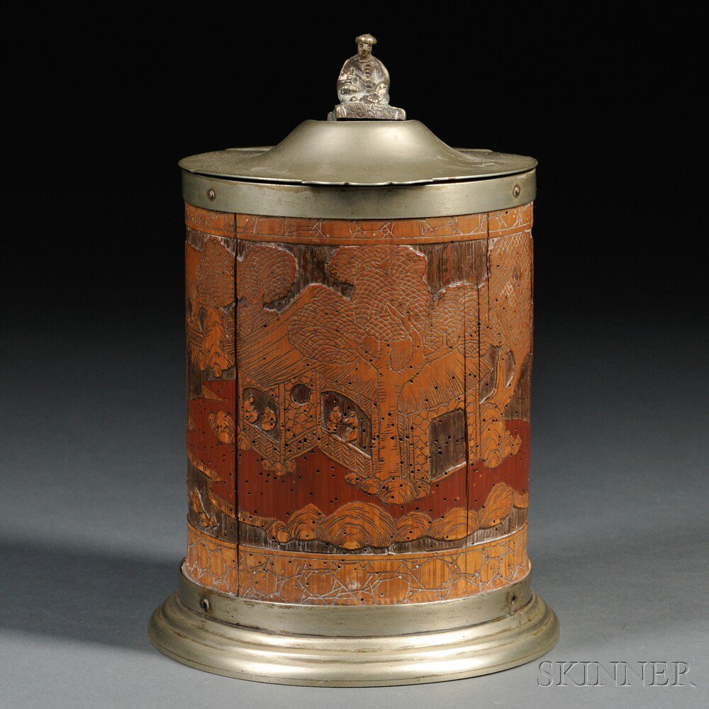 Appraisal: Carved Bamboo Container with Hinged Metal Cover China decorated with