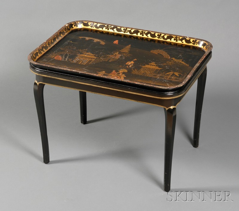 Appraisal: Chinoiserie Decorated Black Lacquer Tray on Stand England th century