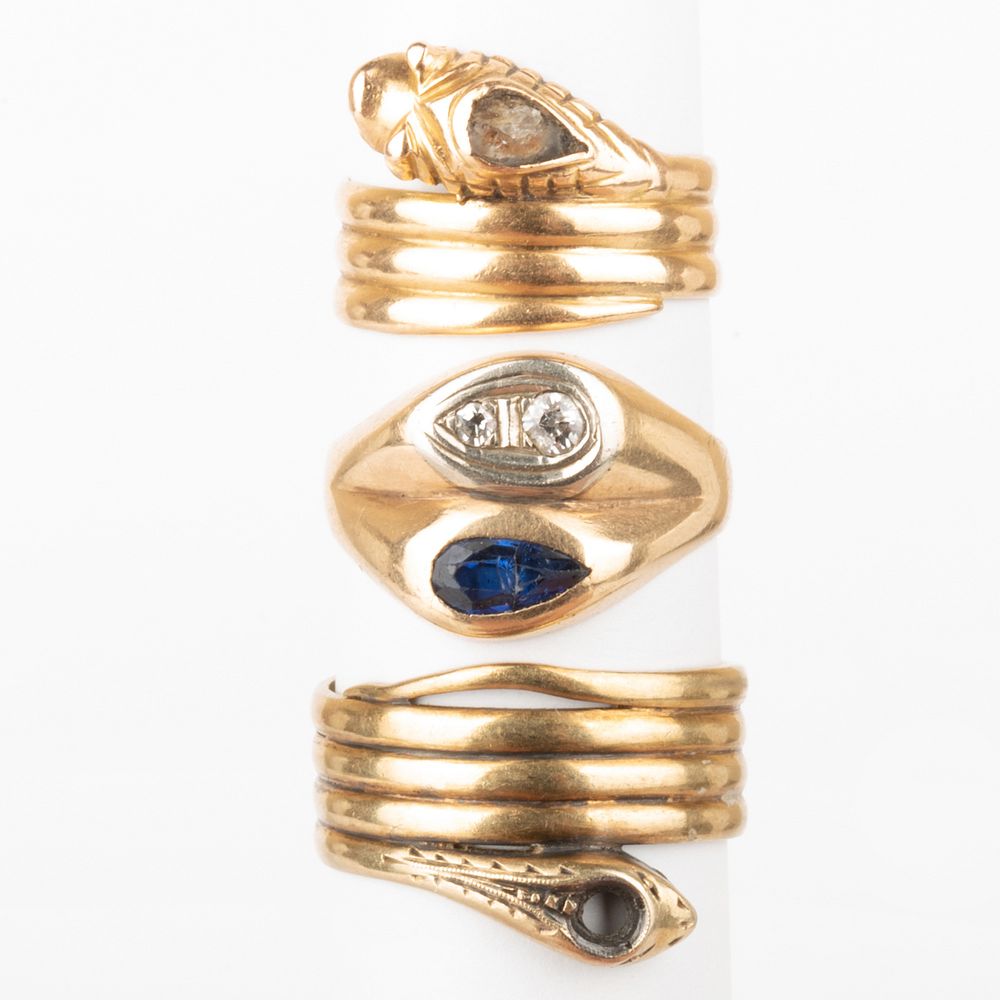 Appraisal: Two k Gold Coiled Snake Rings and a k Gold