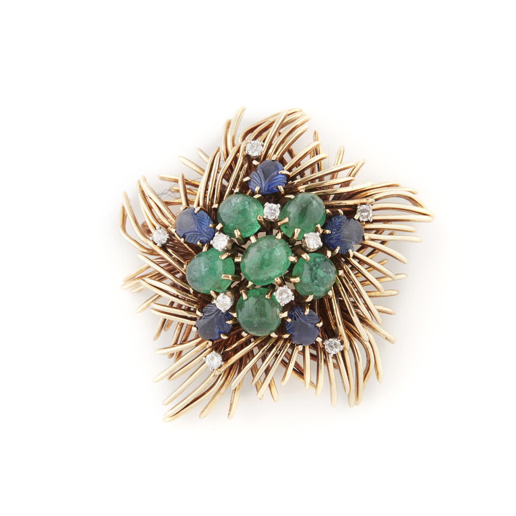 Appraisal: A s emerald sapphire and diamond set brooch the stylised