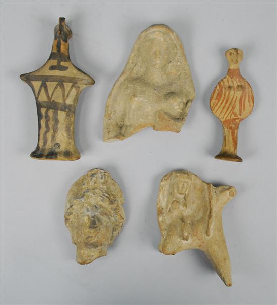 Appraisal: FIVE GREEK TERRACOTTA ARTIFACTS including standing figures with painted decoration