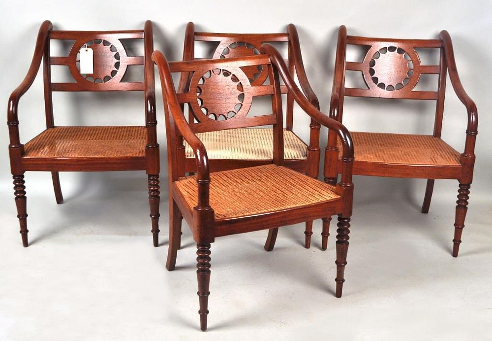 Appraisal: Set Four Regency Style Carved Cane Seat Armchairs with Milling