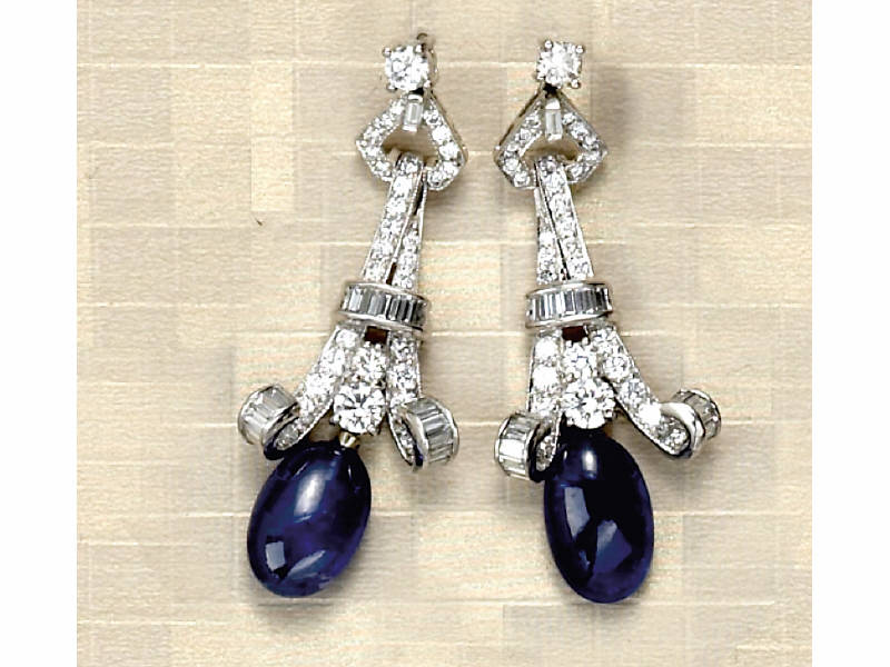 Appraisal: SAPPHIRE AND DIAMOND DROP EARRINGS Platinum geometric diamond earrings each