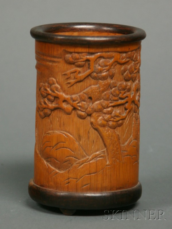 Appraisal: Brush Pot China bamboo with rosewood mounts surface carved in