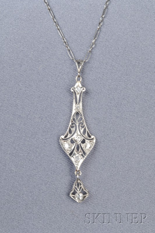 Appraisal: Art Deco Platinum and Diamond Lavaliere the filigree pendant set