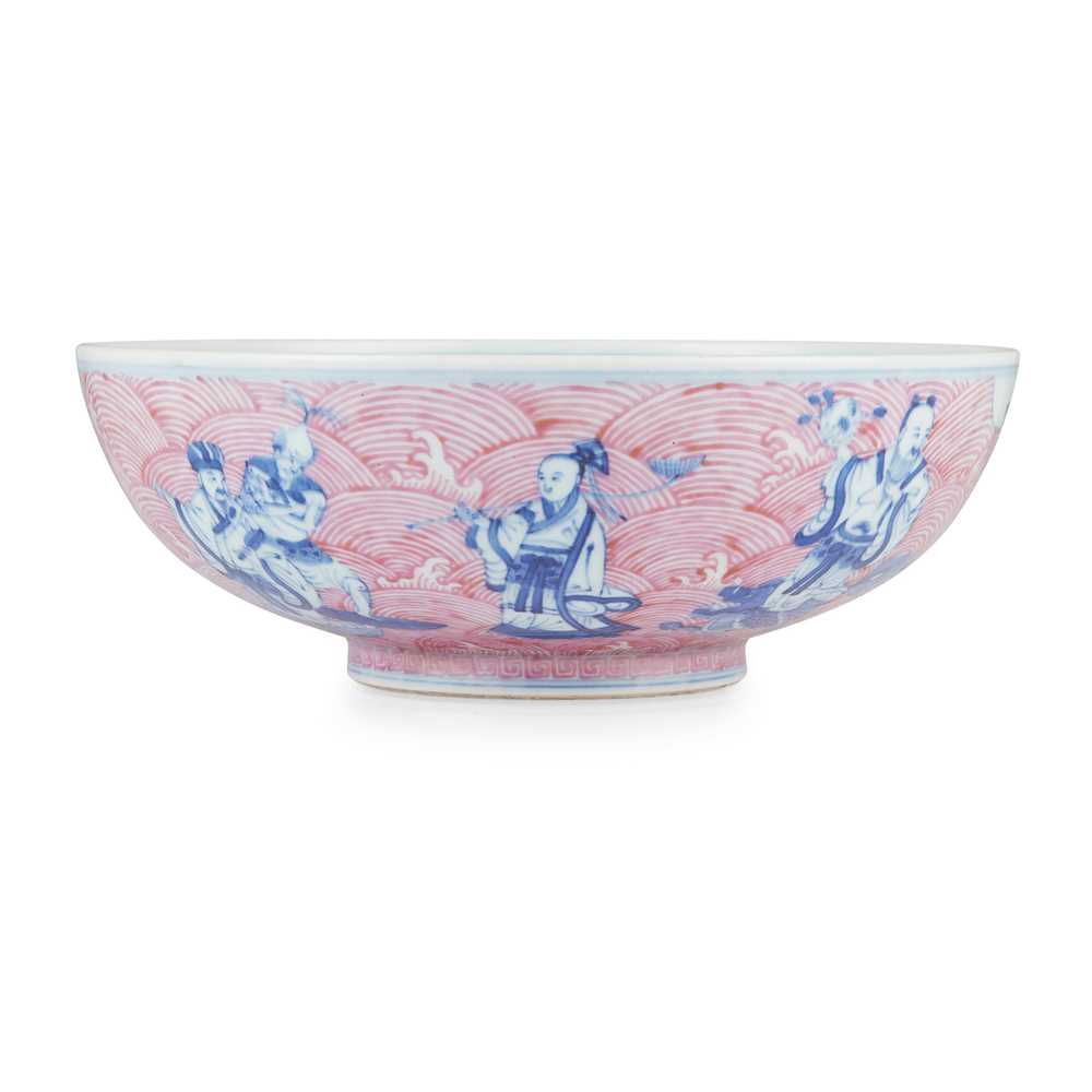 Appraisal: PUCE-ENAMELLED BLUE AND WHITE 'EIGHT IMMORTALS' BOWL DAOGUANG MARK BUT