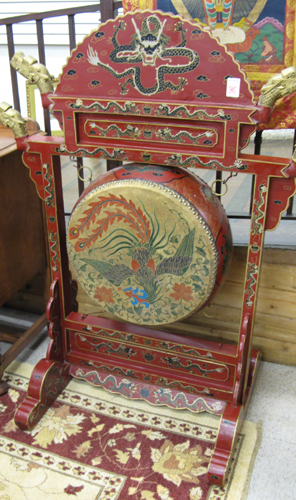 Appraisal: IMPERIAL CHINESE CEREMONIAL DRUM AND FLOOR STAND the round two-sided