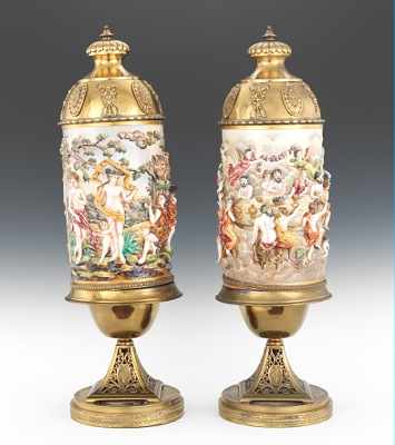 Appraisal: A Pair of Monumental Capodimonte and Brass Urns Cylindrical capodimonte