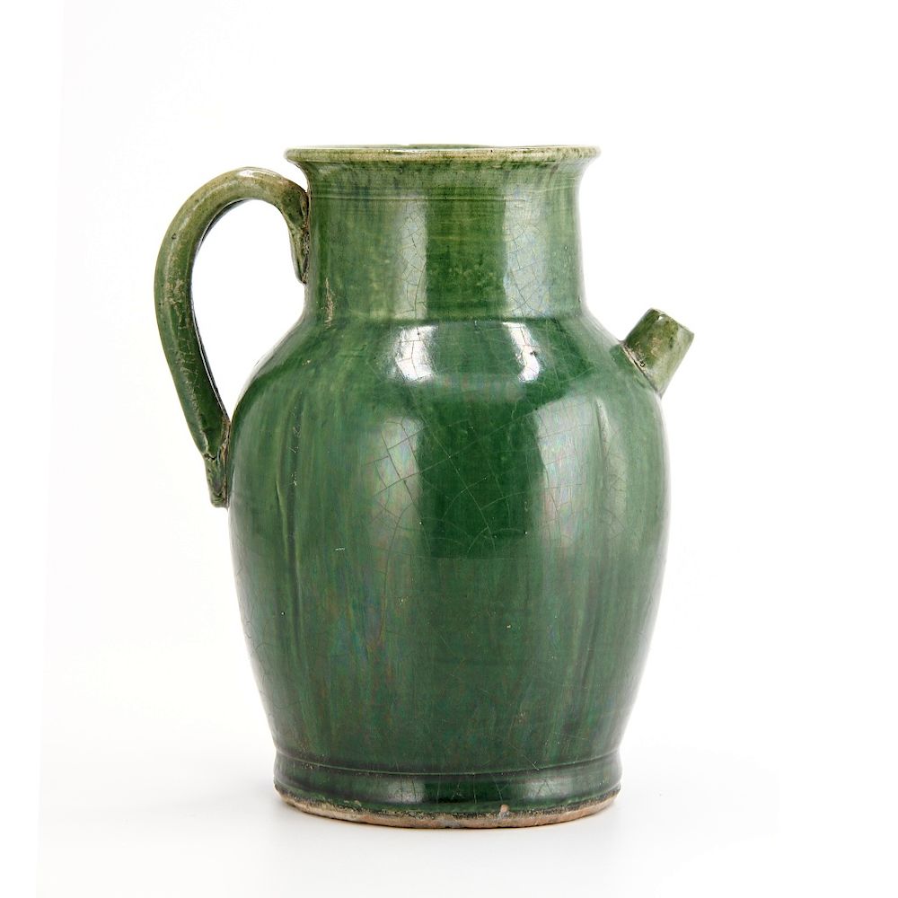 Appraisal: Green Glazed Ewer Of ovoid form set with a strap