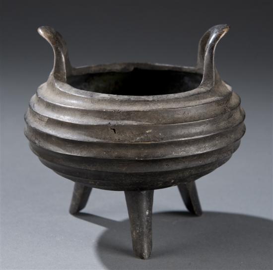 Appraisal: Chinese bronze tripod censer Having two flared handles above a