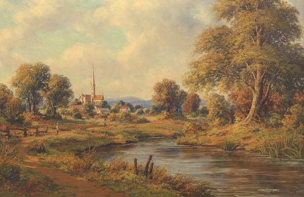 Appraisal: E W ROBERTS TH CENTURY x Landscape with Church Oil