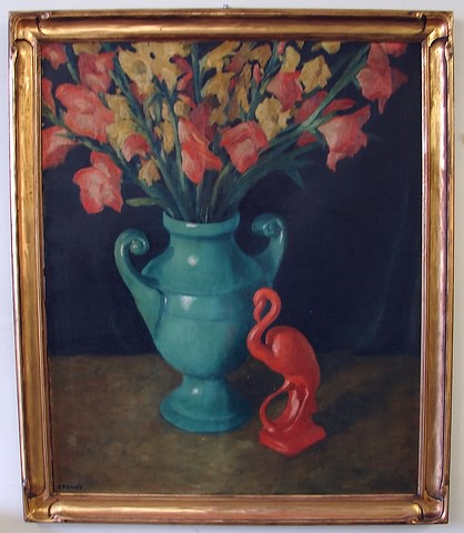 Appraisal: Floral still life with ceramic flamingo oil on canvas X