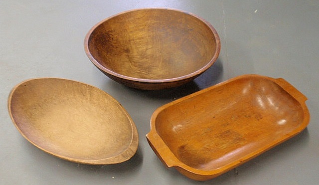 Appraisal: Large wood bowl dia and two trenchers l l