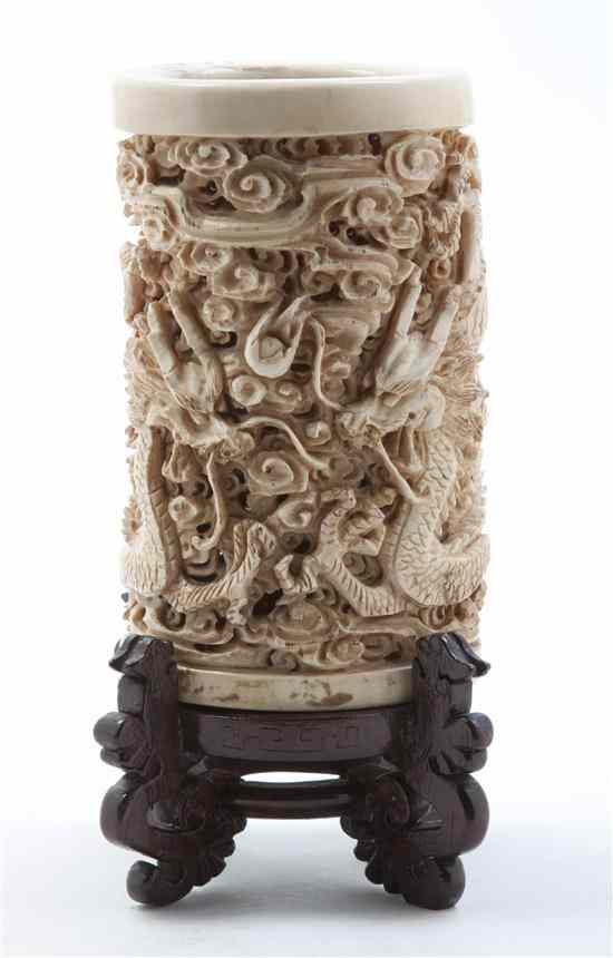 Appraisal: A Chinese Carved Ivory Brushpot of cylindrical form having pierce