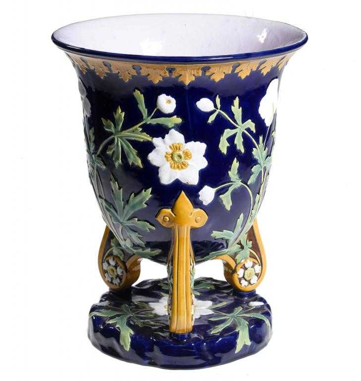 Appraisal: A MINTON MAJOLICA TRIPOD JARDINIERE the cobalt glazed inverted bell