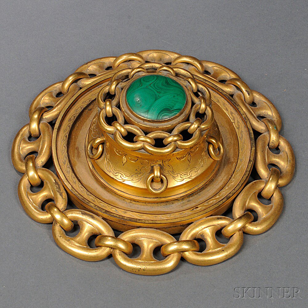 Appraisal: Malachite-mounted Ormolu Inkwell late th early th century circular with