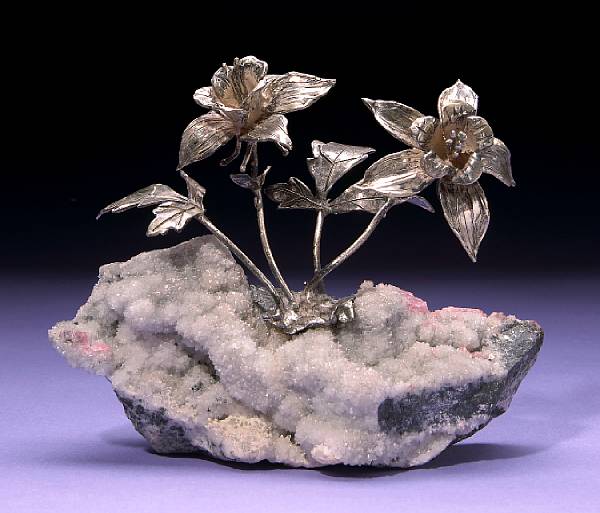 Appraisal: Silver Flower Cluster on Quartz and Rhodochrosite Specimen Depicting a