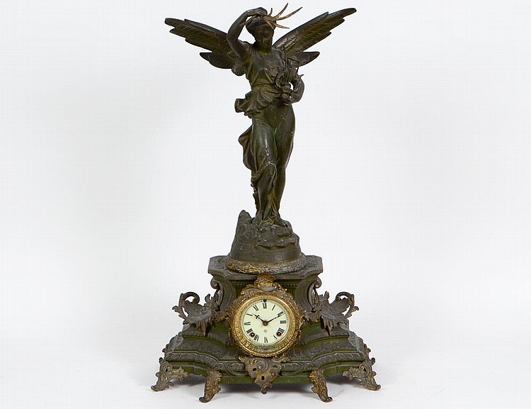 Appraisal: PATINATED WHITE METAL FIGURAL CLOCKCirca Ansonia Manufacturer The clock face