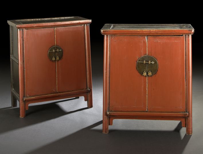 Appraisal: Unusual Pair of Chinese Red-Lacquered Small Cabinets th century each