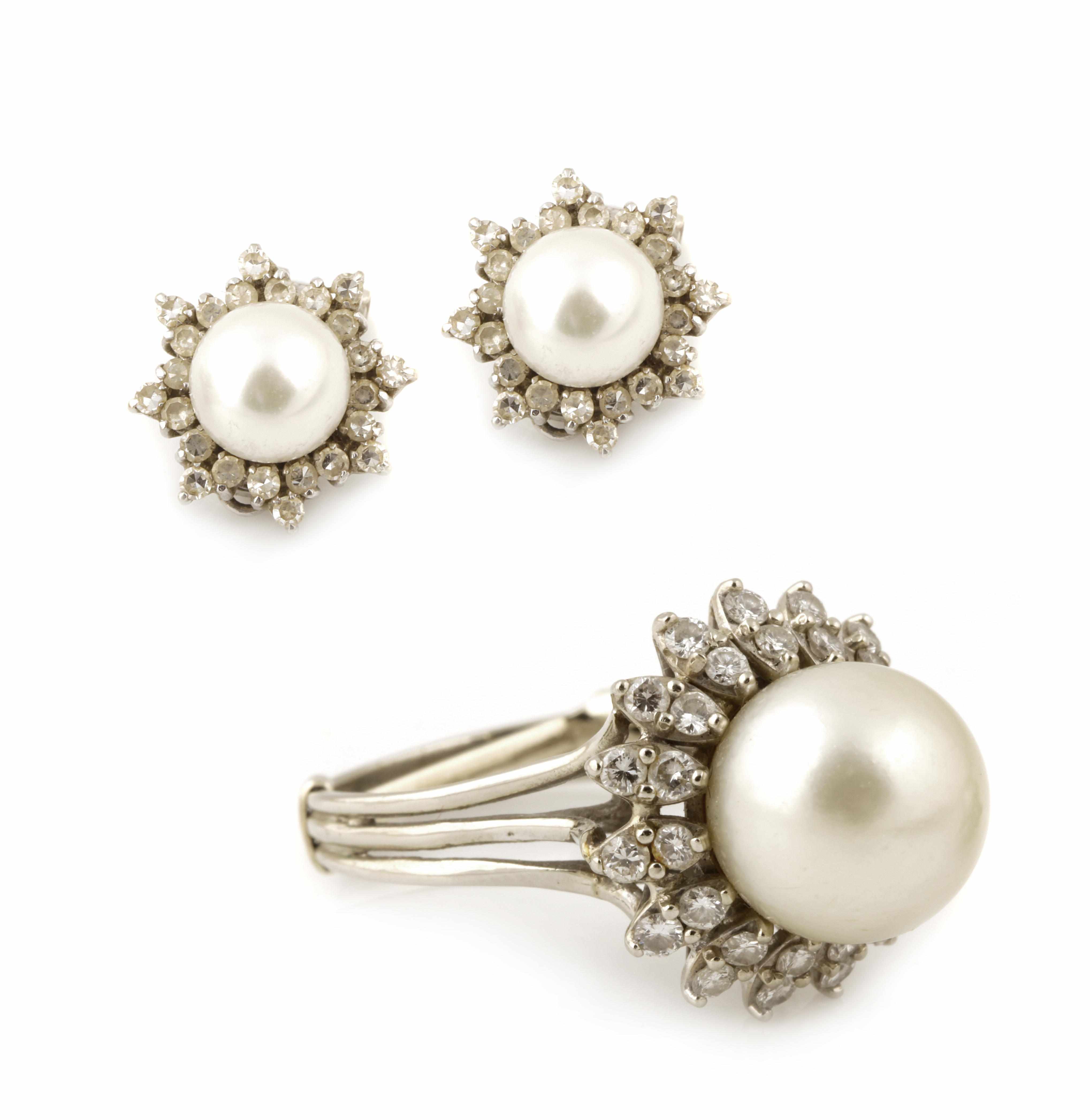 Appraisal: A pair of cultured pearl diamond and k white gold