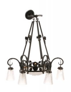 Appraisal: French Art Deco Iron Glass Chandelier Degue Degue French -