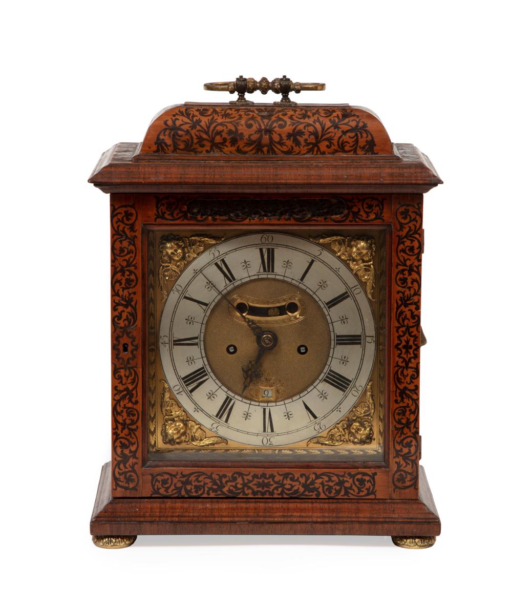 Appraisal: Georgian Marquetry Bracket Clock early th c elaborately engraved backplate