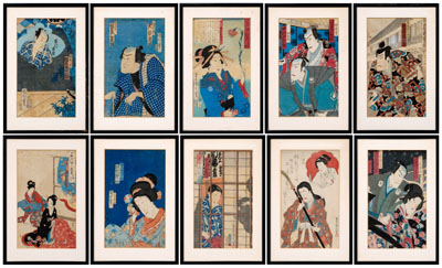 Appraisal: Ten Japanese woodblock prints five by Kunichika Toyohara - half-length