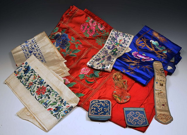 Appraisal: A CHINESE EMBROIDERED PANEL purses and various sleeve bands